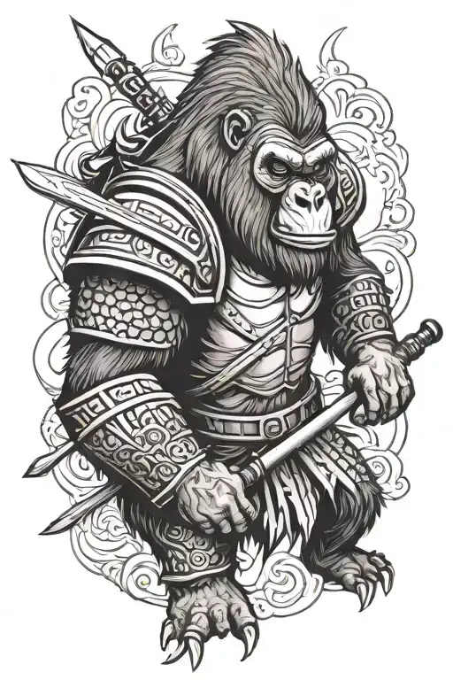 Gorilla In Armor With Spear In Japanese Style