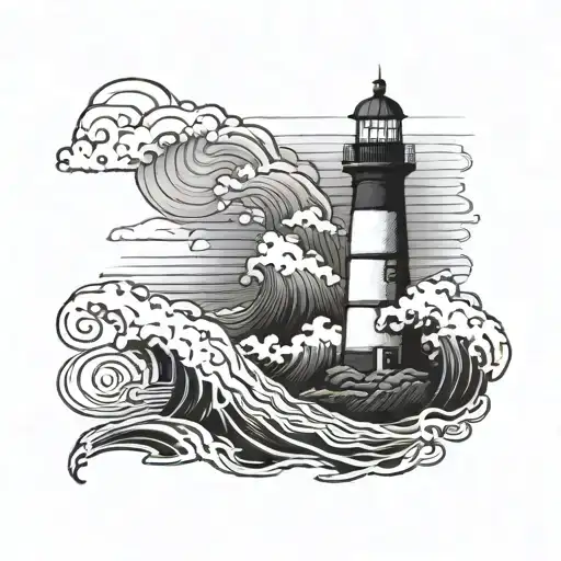 Lighthouse Black Ink Thick Lines Stippling Ocean Waves On Shoulder
