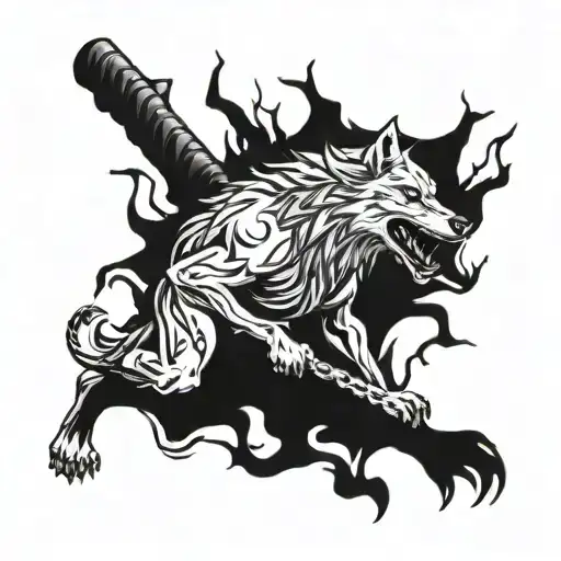 A Fierce Baseball Player Breaking Chains With A Fiery Fenrir Wolf In The Background