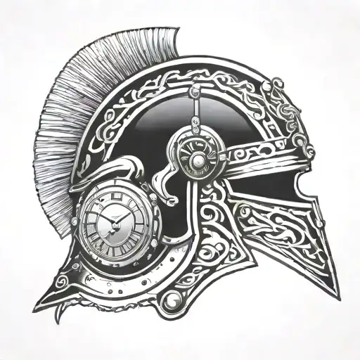 A Roman Legionnaire Or Gladiator Helmet With A Vintage Pocket Watch Integrated In The Helmet