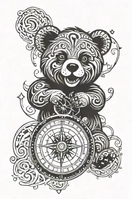 Tribal Tattoo Of A Happy Bear Holding A Compass With Spirals On It
