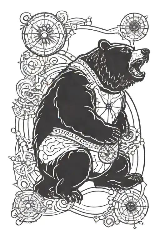 Blackwork Tattoo Of A Big Happy Bear Holding A Compass With Spirals On It