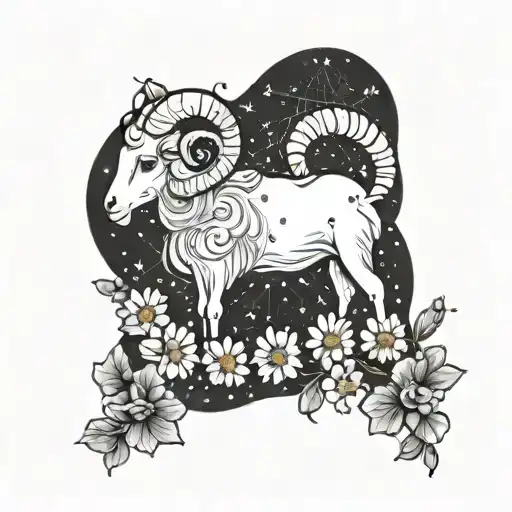 A Constellation Tattoo Of The Ram Zodiac Sign Intertwined With Daisy And Sweet Pea Flowers