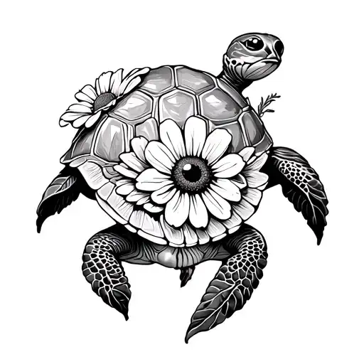 Turtle With Compus And Black Eye Susan Flowers Growing