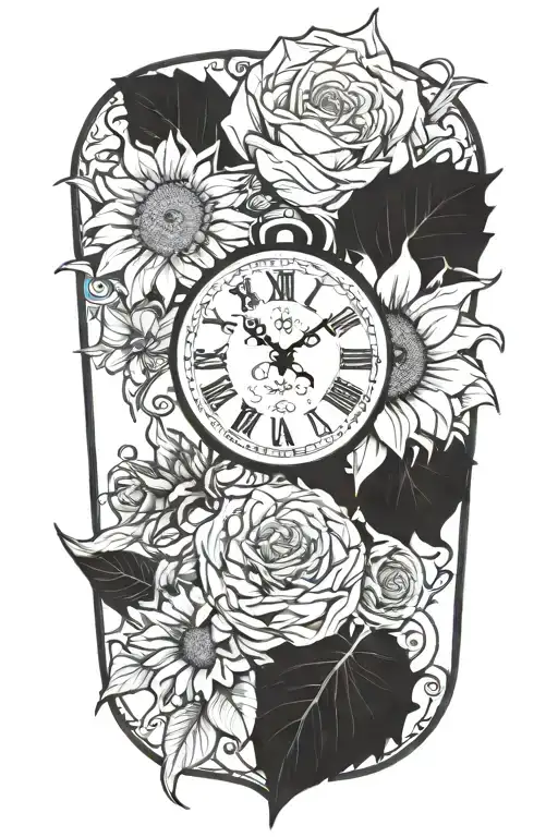 Clock Roses Sunflowers Cross Intertwined