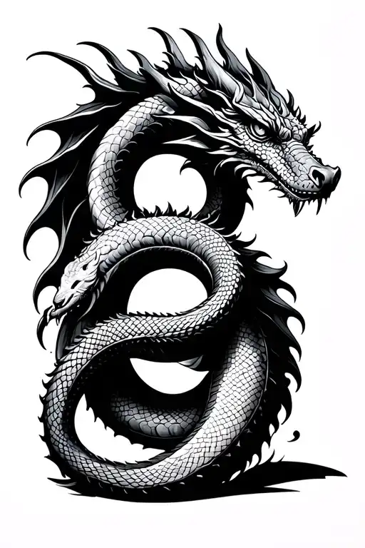 Please Design A Tattoo With A Dragon And A Snake Wrapped Around Each Other To Form The Number 8
