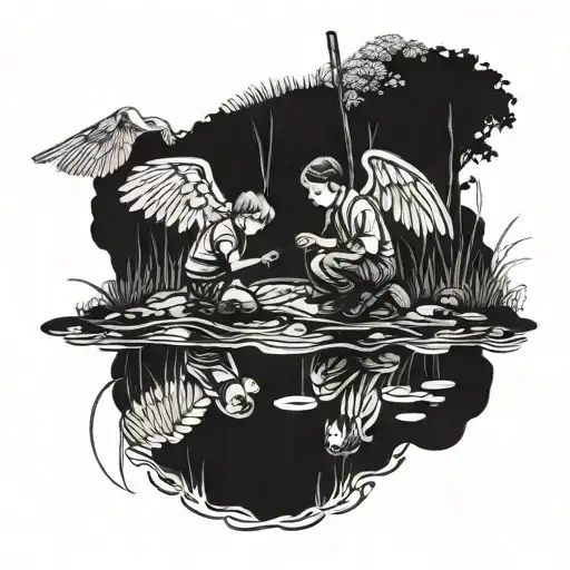 A Little Boy And His Dad Fishing In A Pond And The Dad Has Angel Wings
