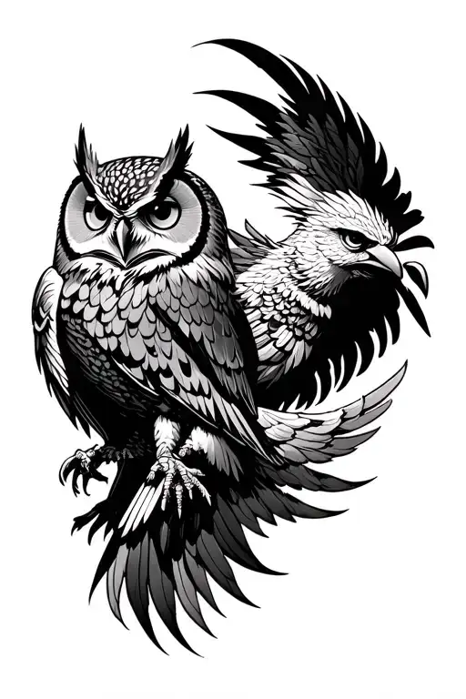 Owl And Phoenix With Athena Rising From The Phoenix