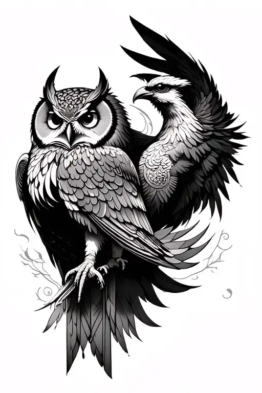 Owl And Phoenix With Goddess Athena Rising