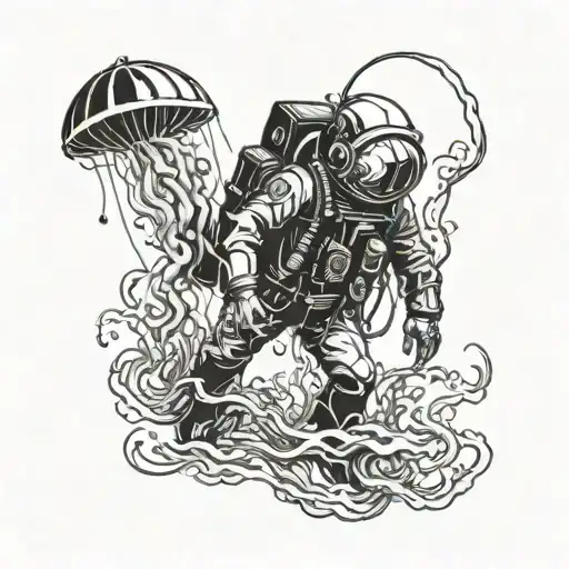 A Deep Sea Diver Encountering An Alien Jellyfish In The Depths Of The Ocean