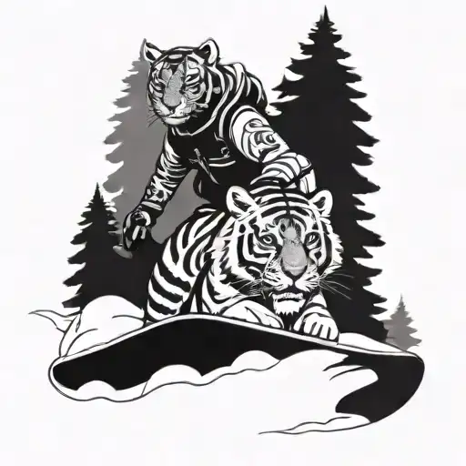 Incorporate A Snowboarder Riding A Tiger Through A Snowy Forest