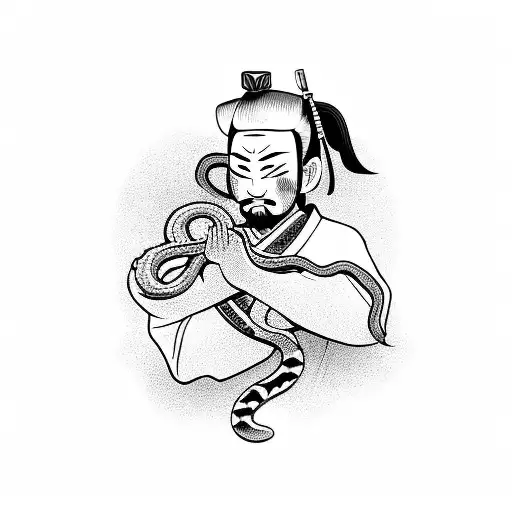 A Samurai Meditating With A Snake Wrapped Around Their Arm