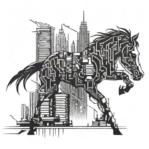 A Futuristic Cyberpunk Cityscape With A Mysterious Horse Silhouette Integrated Into The Design