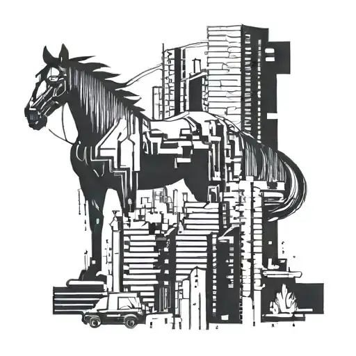 A Futuristic Cyberpunk Cityscape With A Mysterious Horse Silhouette Integrated Into The Design