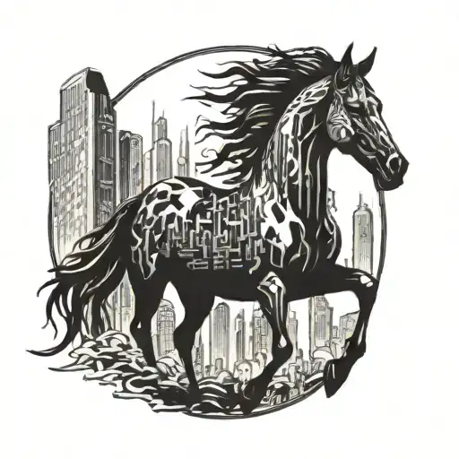 A Futuristic Cityscape With A Mysterious Horse Silhouette Integrated Into The Design