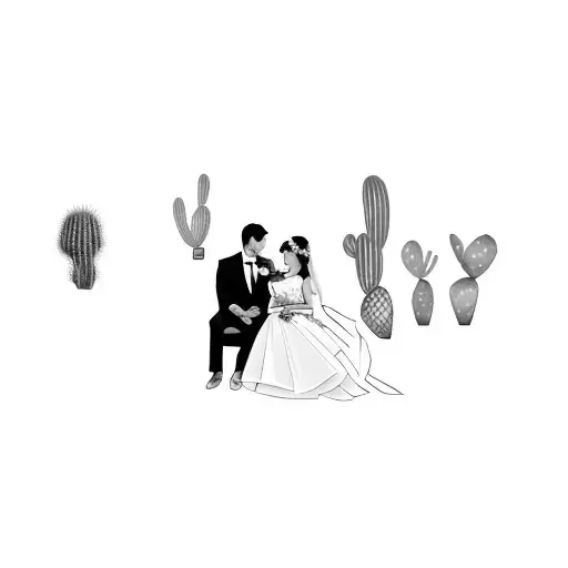 A Bride And Groom Sitting In Front Of A Cactus