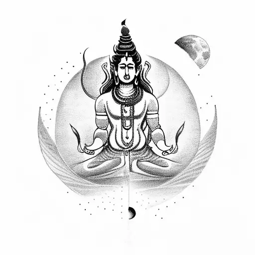 A Detailed Portrait Of Lord Shiva Meditating Under A Tree With A Crescent Moon In The Background