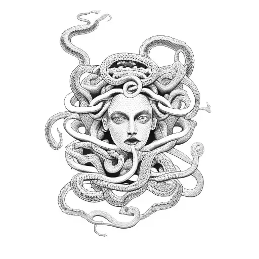 Minimalist Design Of Medusa With Snakes And Roses