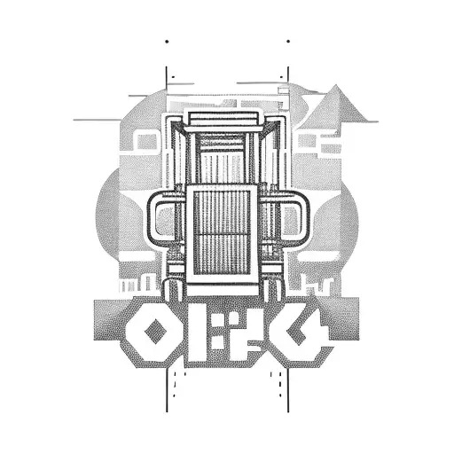 A Detailed Blackwork Design Of A Forklift With A Cityscape Of Karaj In The Background