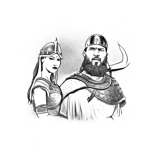 A Viking Warrior Embracing His Wife And Daughter In A Protective Stance