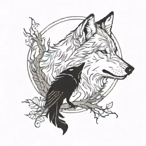 A Wolf With A Moon In The Background Next To A Crow