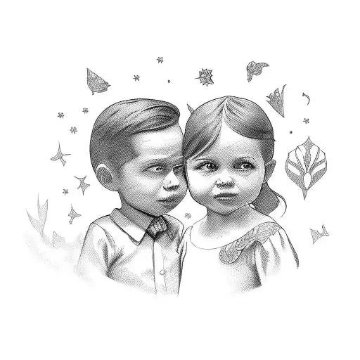 A Tattoo Design Featuring A Stylized Portrait Of Your Children Charlotte And Calvin Playing Together