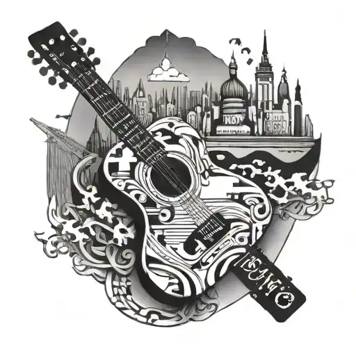 Incorporate A Guitar And Musical Notes Intertwined With A Moscow Skyline
