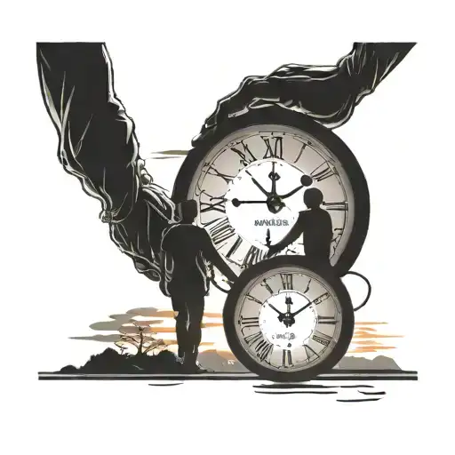 Father And 2 Sons Holding Hands Walking Into The Sunset With A Clock In The Background