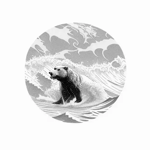 A Grizzly Bear Surfing A Wave In The Ocean
