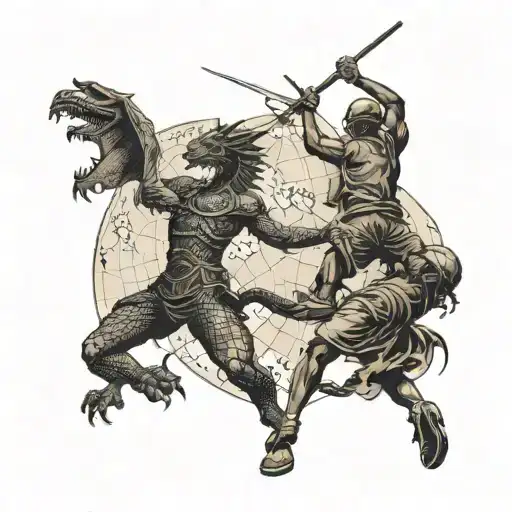 A Basketball Player From Ancient History Battling A Dragon On A Map Of The World