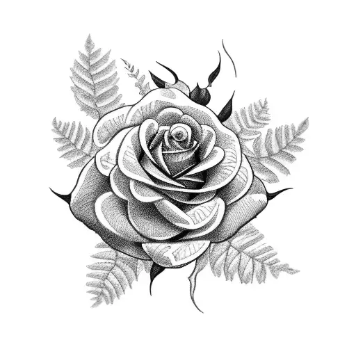 A Blackwork Tattoo Of A Rose And Gardenia Intertwined With Ferns