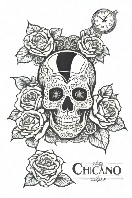 Chicano Skull With Roses And Time Clock Face