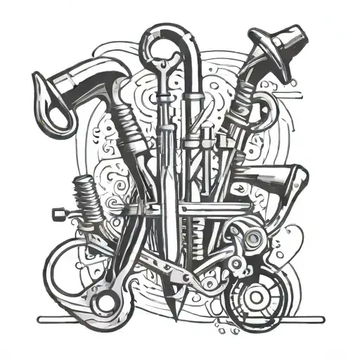 An Abstract Blackwork Tattoo Of A Joiner's Tools Forming A Musical Staff