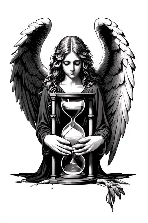 Angel With Decaying Wings And A Hourglass Between Hands