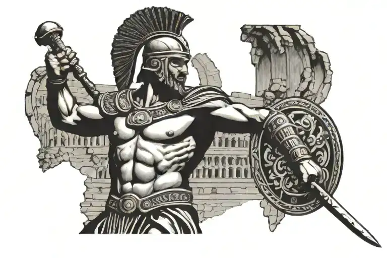 Greek Coliseum And Warrior Wielding