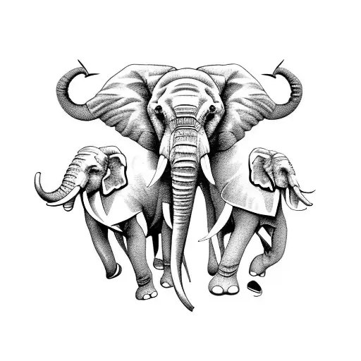 4 Elephants Holding Tails In A Line