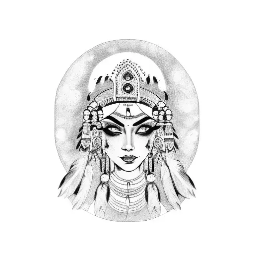 Woman With Indian Headdress With Three Moons On Face And Blue Eyes