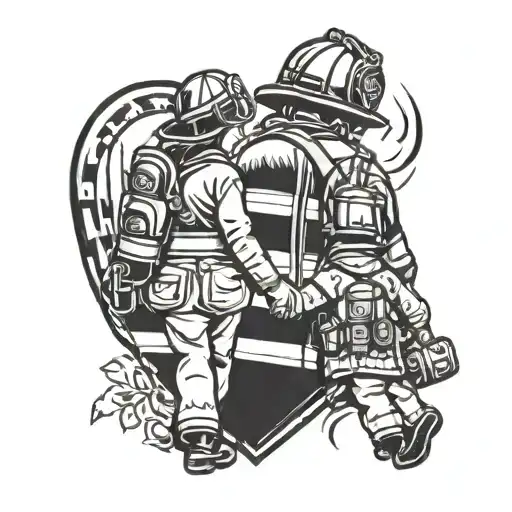 Illustrate A Firefighter Holding Hands With His Daughter And Wife In A Heart-shaped Design