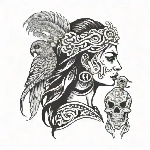 Woman Mexican Good Whit A Quetzal In Him Head Profile Holding