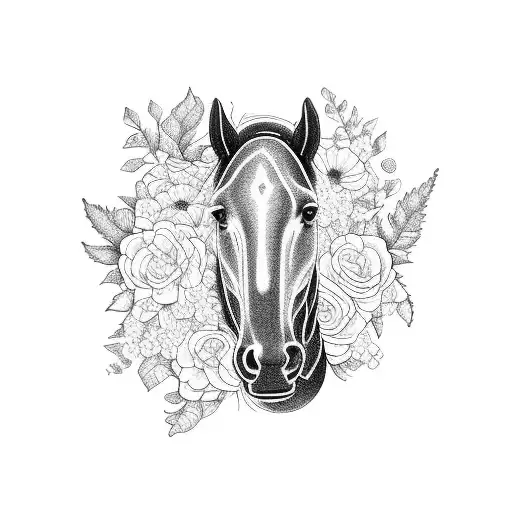 A Minimalist Blackwork Design Of A Horse And Dog Surrounded By A Wreath Of Flowers