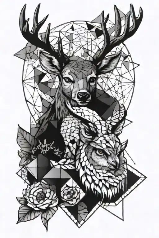 Deer And Owl Head On Top Of Each Other With Geometry Design