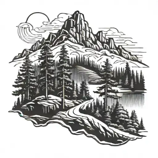 A Redwood Tree Or Forest With Mountain Range