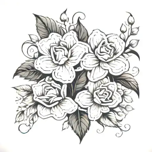 A Bouquet Of Money Flower Tattoos Intertwined With Vines And Leaves