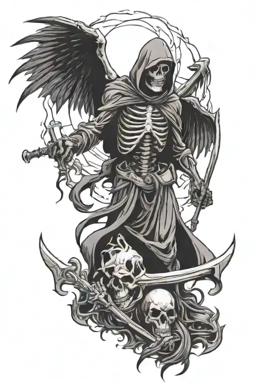 Grim Reaper With Crows Flying And Skeletons Laying Around
