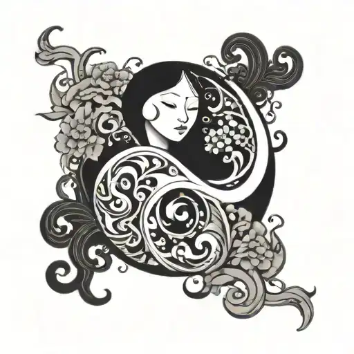 Black And White Ying And Yang Symbol With Man And Woman Embracing Eachother
