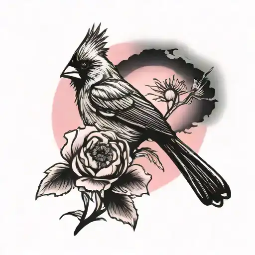 Cardinal Perched On Top Of A Poppy Flower With A Pink Sunset Background