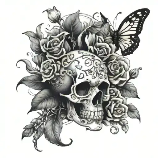 Skull And Flowers And Vines And Butterflies