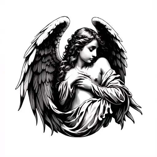 Angel Hidding An Eart In Blackwork