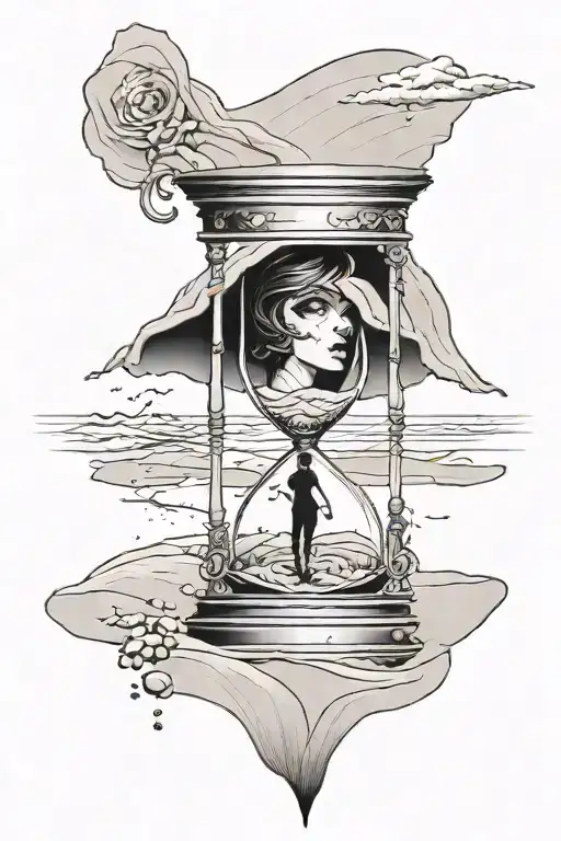 An Hourglass With A Woman Walking In The Sand Of The Hourglass And An Eye Falling With The Sand