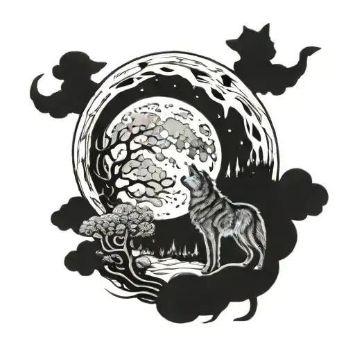 Moon With A Wolf And Sunshine